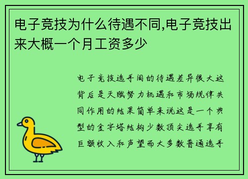 电子竞技为什么待遇不同,电子竞技出来大概一个月工资多少